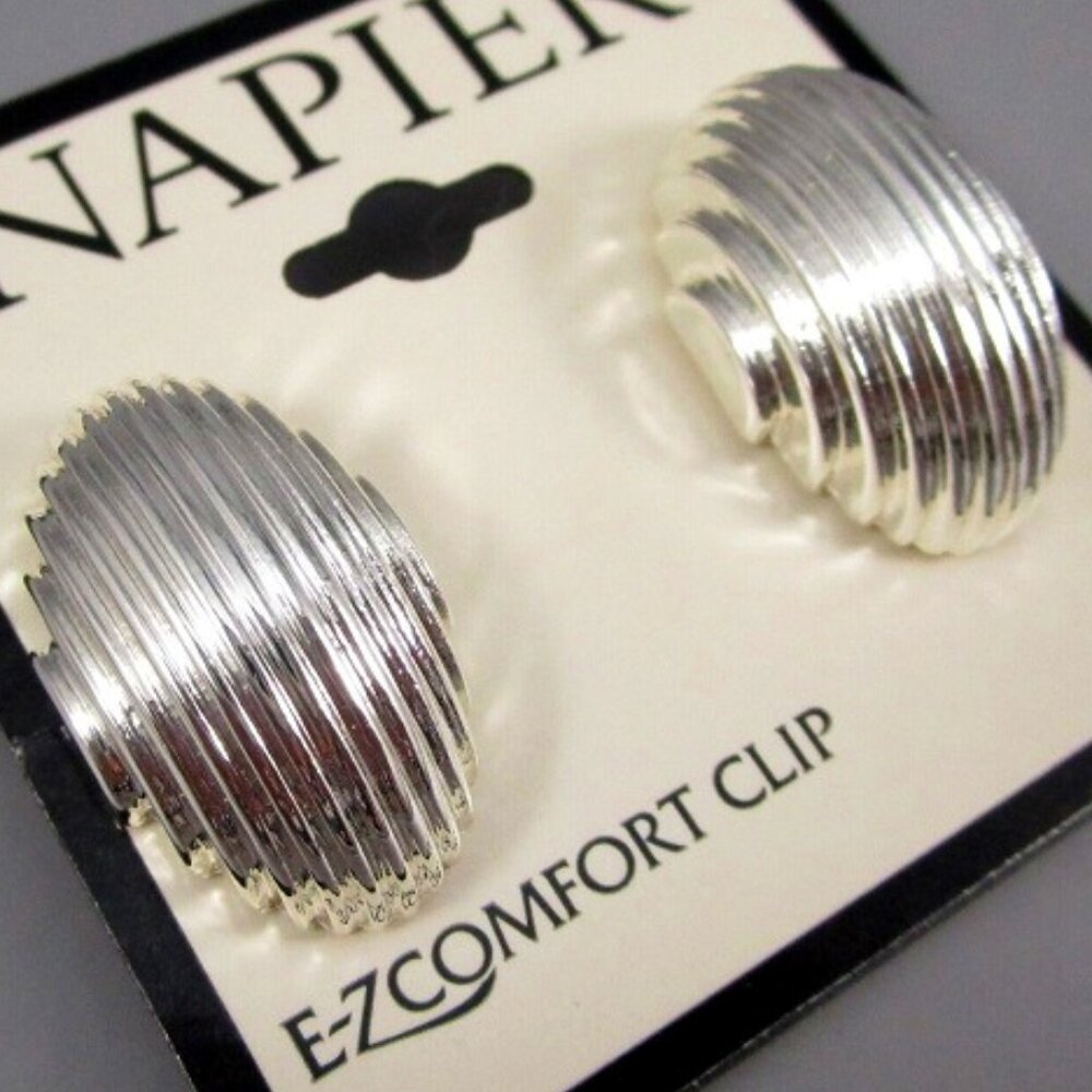 NAPIER Mod/Contemporary Silver Ribbed Textured E-Z Comfort Clip On Earrings~NEW! - Picture 2 of 3
